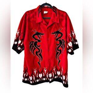 90’s/y2k Red Dragon Tribal Graphic Button-Up Shirt